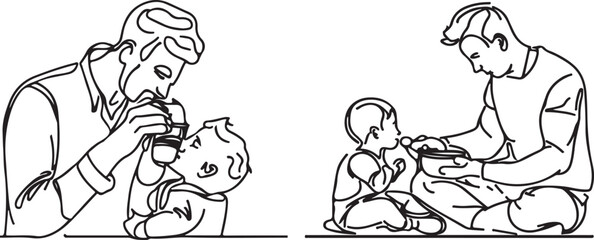 Father and kids line art vector Happy Fathers day illustration