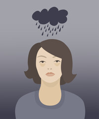 Woman feeling sad with dark rain cloud over head. Concept of depression, mental illness.