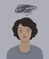 Person with tangled thoughts. Concept of anxiety, stress, mental problems.