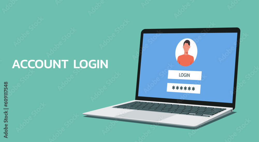 Poster laptop computer with authorization on the screen, login and password of the user to account on websi