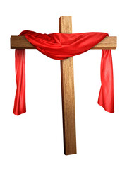 a cross with a red cloth draped on it