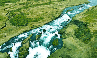Aerial view of the beautiful northern river, the landscape of Iceland. Photography for tourism background, design and advertising