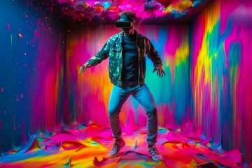Young man wearing virtual reality glasses and dancing in room with splashes of paint. Augmented reality. Generative AI illustration