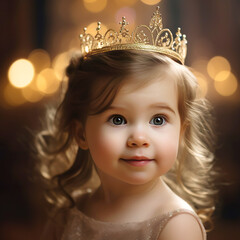 Cute baby girl 2-3 year old wear golden crown symbol of princess. Childhood concept. Every girl dreaming to become princess. Lady little princess. Generative AI
