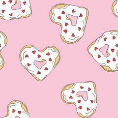 Heart shaped donut vector seamless pattern. Romantic Valentines Day background.