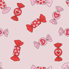 Sweet heart candy vector seamless pattern. Romantic Valentines Day treats background. - 609119119