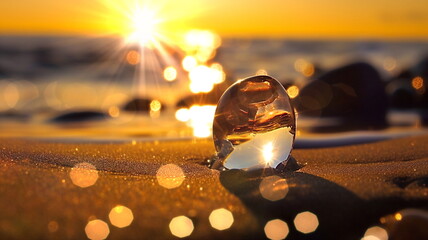 sunset on sea beach sun light ray reflection on sea water and wild amber gemstone and seashell on sand,blurred light,generated ai