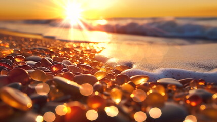 Obraz premium sunset on sea beach sun light ray reflection on sea water and wild amber gemstone and seashell on sand,blurred light,generated ai
