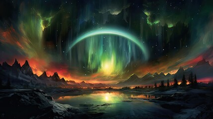 Painting of colourful aurora bore in the sky over lake and mountains 