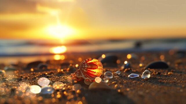 sunset on sea beach sun light ray reflection on sea water and wild amber gemstone and seashell on sand,blurred light,generated ai