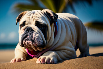 Digital photo of a cute English bulldog puppy on a tropical beach at sunset. Wildlife imagery, the concept of ecological environment. Generative AI