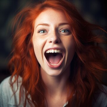 Young Woman With Red Hair Is Making A Funny Face In Front Of A Dark Background. Generative AI