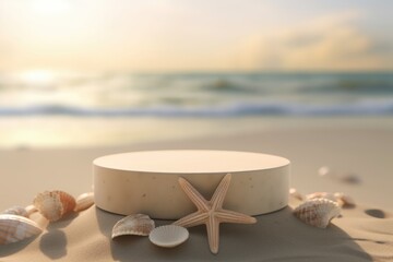 Fototapeta na wymiar Empty round beige platform podium on the beach sand.