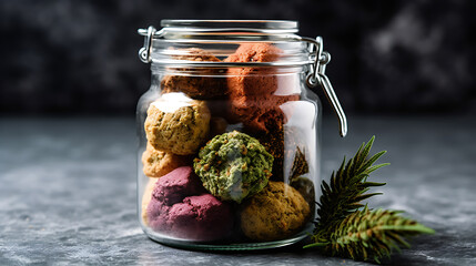 Cannabis edibles in a glass jar generative ai - obrazy, fototapety, plakaty