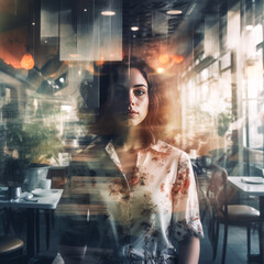 Fototapeta na wymiar A woman stands in front of a restaurant, with her image double exposed in the foreground. - generative ai