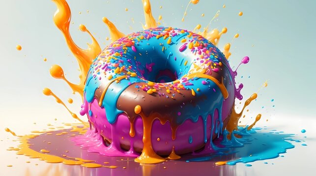 donut image with splash color art illustration, generative Ai image	