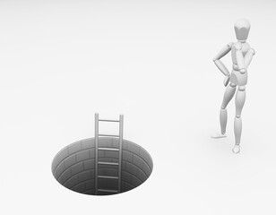 Fototapeta premium 3D render of someone wondering whether to climb down a tunnel