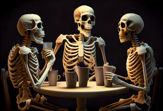 Three human skeletons are sitting at the table, smoking and drinking alcohol. AI generative.