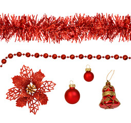 Set of Christmas red decorations: garland, tinsel, balls isolated on white or transparent background
