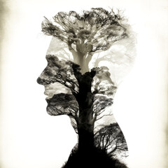 A Man stands in the middle of a tree, looking up at the sky with a thoughtful expression - generative ai.