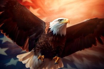 American Bald Eagle with flag. United States of America patriotic symbols. Generative AI