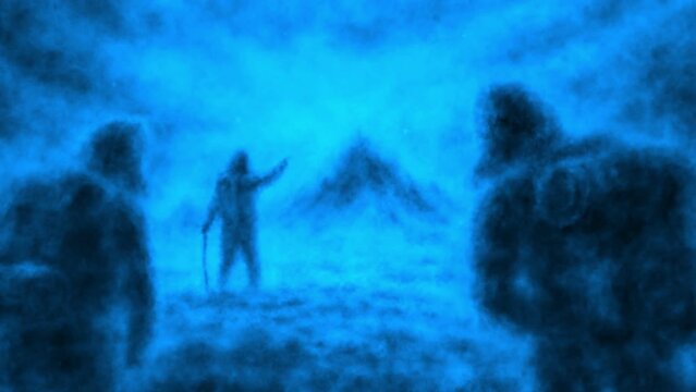 Standing people look at mountain in distance. Scary 2D animation of three gloomy silhouettes. Mystical worlds of dreams. Dark fantasy movie. Horror video for Halloween. Music clips and VJ loops.