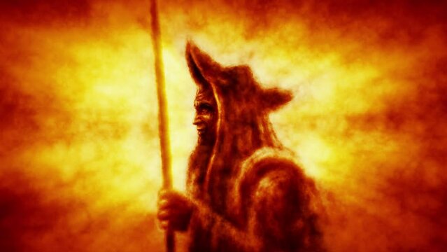 Ancient warrior with spear in rays of light. Guard standing on duty wearing crescent-shaped headdress. Dark spirit of war ready for battle. Evil ghost horror fantasy 2D animation. Orange background. 