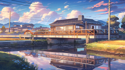 A painting of a house on a bridge over a river. Generative AI.