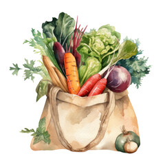 Watercolor vegetable harvest illustration. Eco bag with vegetables. Generative AI, png image. 