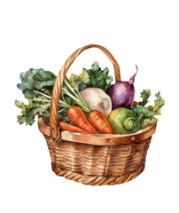 Watercolor vegetable harvest illustration. Basket with vegetables. Generative AI, png image. 