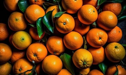  a pile of oranges with green leaves on top of them.  generative ai