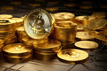 gold coins, bitcoin concept and other coins tokens, Cryptocurrency web page background widescreen, generative ai