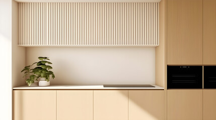 empty kitchen space with copy space, minimalistic kitchen with space for advertising text, generative ai