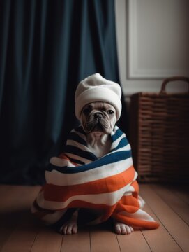 dog with flag sitting on floor HD 8K wallpaper Stock Photography Photo Image