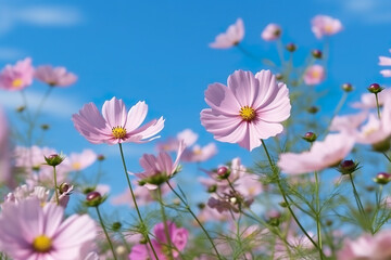 A field of pink cosmos flowers with a blue sky in the background. Generative AI.
