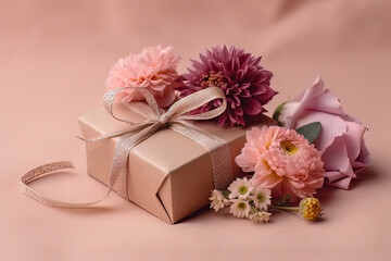 Gift box with the flowers on top placed on the plain background, Generative AI