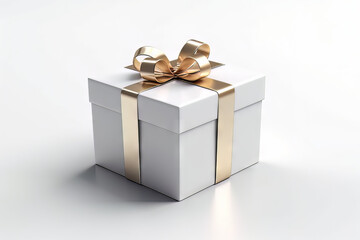 White gift box with golden ribbon isolated on white background, Generative AI