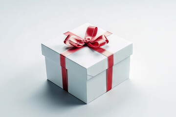 White gift box with the red ribbon bow isolated on white background, Generative AI