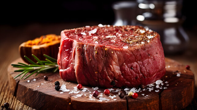 Raw Beef Filet Mignon Steak On A Wooden Board With Pepper And Salt, Black Angus Marbled Meat  Created With Generative AI Technology