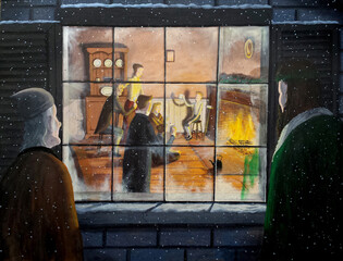 Scrooge and the Ghost of Christmas Present look in on the cozy home of the Crachits as they celebrate Christmas. © Dave