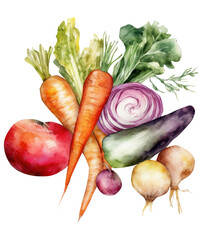 Watercolor vegetable harvest illustration. Generative AI, png image. 