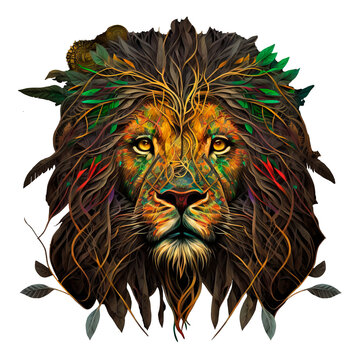 Generative AI image of a lion portrait in psychedelic art, like an ayahuasca vision, 