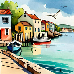 A vibrant coastal town with charming colorful houses nestled along a picturesque shoreline, fishing boats bobbing in the harbor, and seagulls soaring in the sky