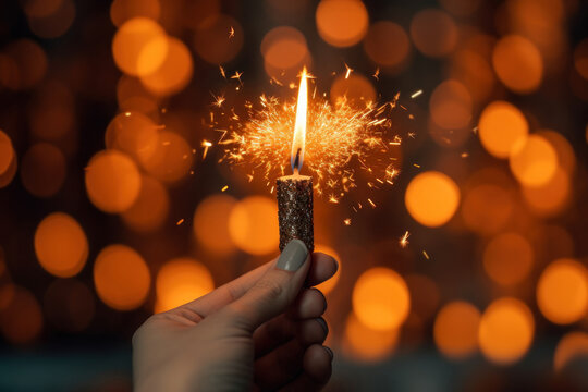 Woman hand holding one small romantic sparkling candle, with blurred sparkling bokeh background.