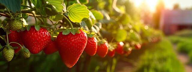 A branch with natural strawberries on a blurred background of a strawberry field at golden hour. The concept of organic, local, seasonal fruits and harvest