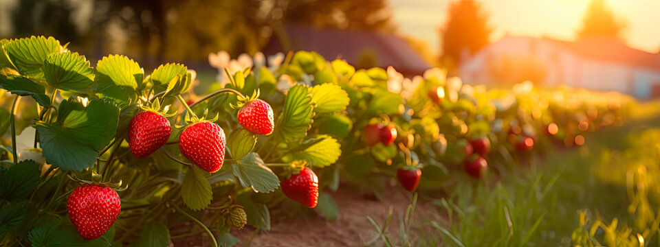 A branch with natural strawberries on a blurred background of a strawberry field at golden hour. The concept of organic, local, seasonal fruits and harvest