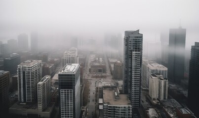  a foggy city with tall buildings in the foreground.  generative ai
