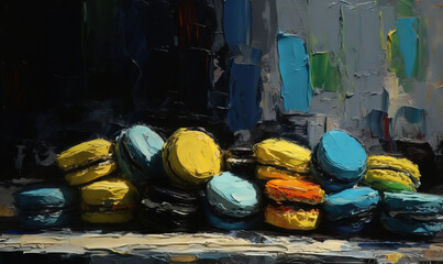  a painting of a bunch of yellow and blue balls on a table.  generative ai