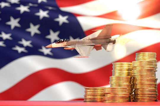 Deliveries of US aircraft. Airplane and gold coins on the background of the flag of America. 3D render