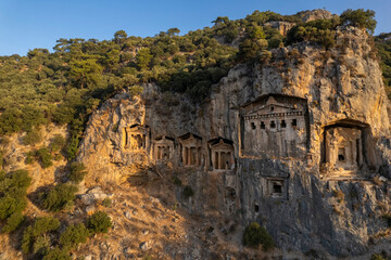 Kings tombs in the cliff face Kaunos Dalyan, Turkey.
